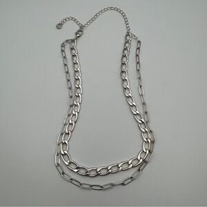 CN Silver Tone Layered Chain Necklace Double Strand Adjustable 15-21